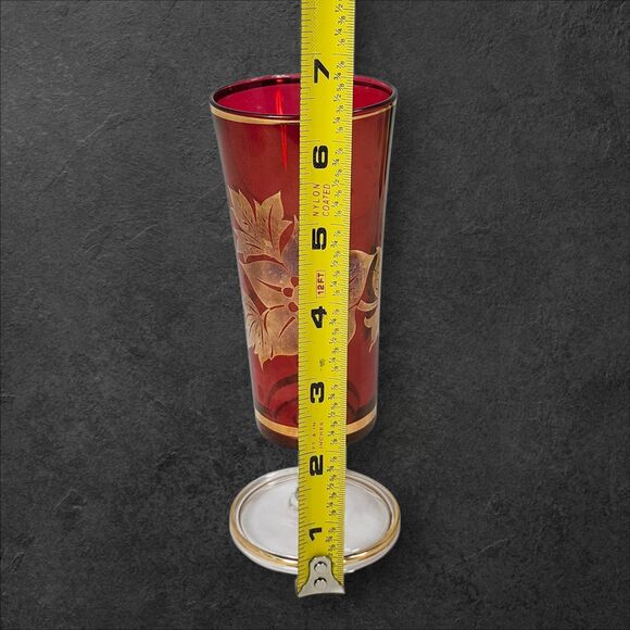 Set of 4 Vintage Footed Collins Glasses Mid-Century Libbey Style Gold Floral Red - Picture 11 of 11